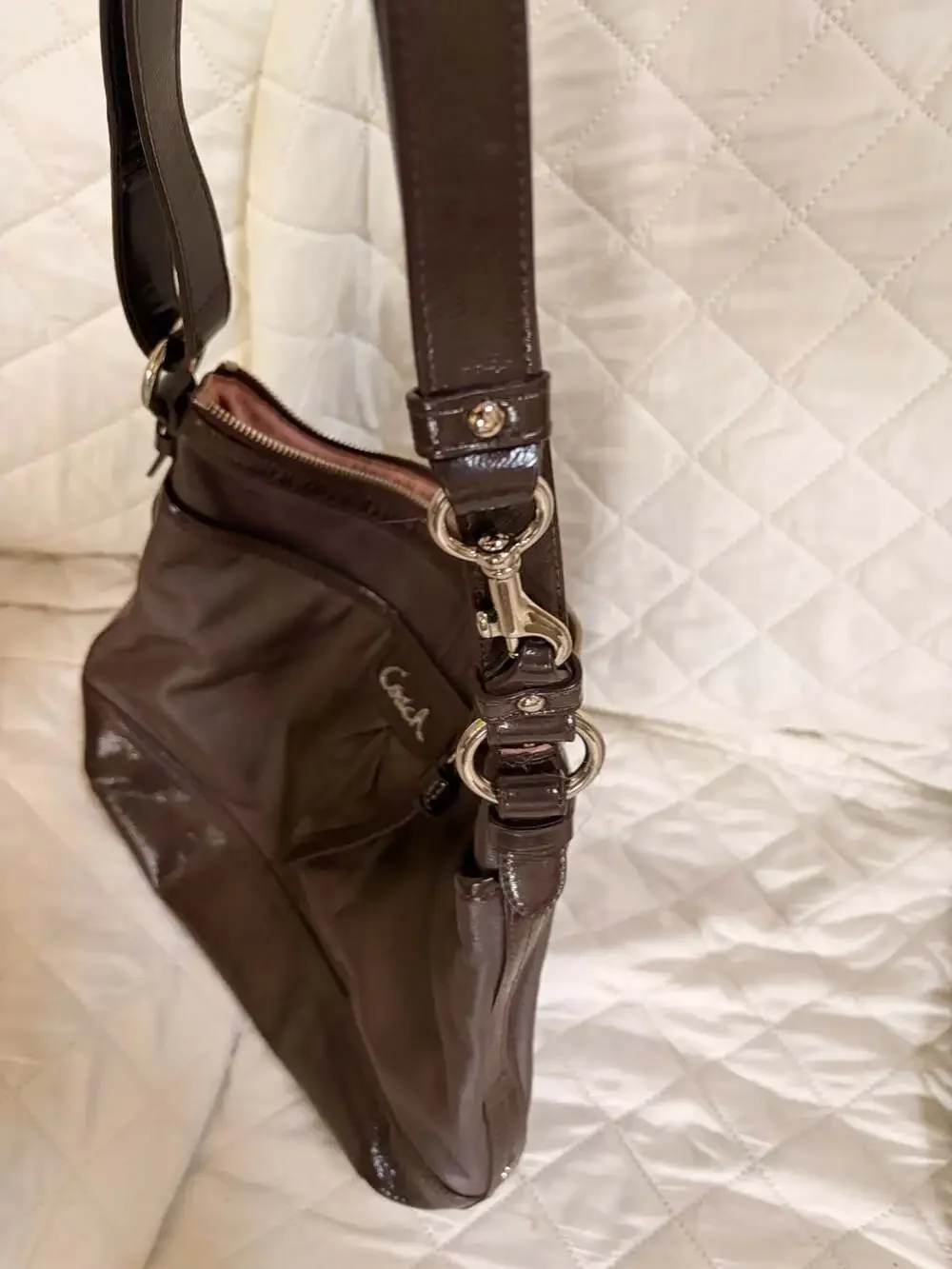 Coach F19726 Brown Leather and Patent Leather Convertible Shoulder Bag